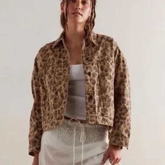 Free People Leopard Print Oversized Opal Swing Denim Jacket Brown Small - Picture 1 of 5